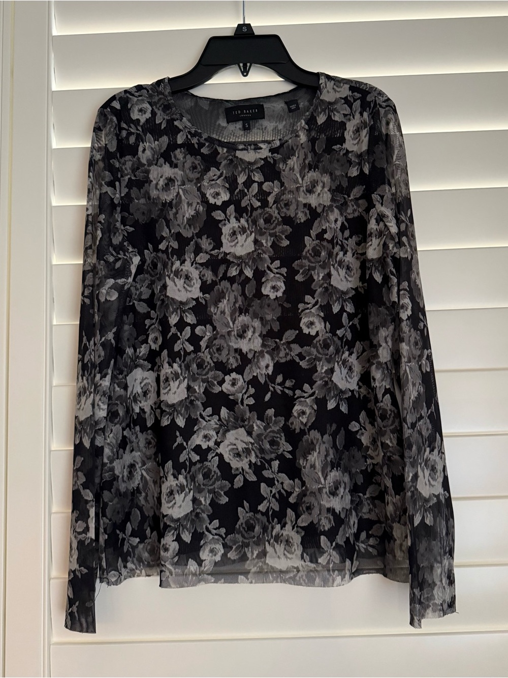 Ted Baker Black & Gray Floral Long-Sleeve Top. Gently Used, Like New